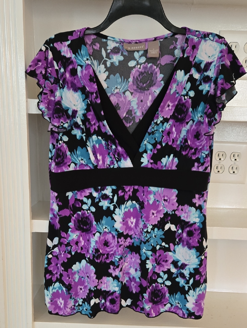 Kim Rogers Purple and Teal Floral V-Neck Blouse